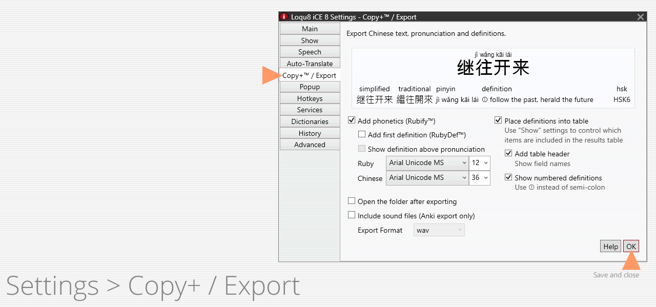 Settings > Copy+ / Export